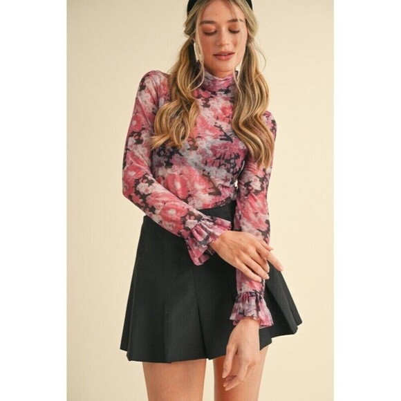 Merci SHEER MESH FLORAL MOCK NECK LONG SLEEVE TOP - Picture 3 of 8